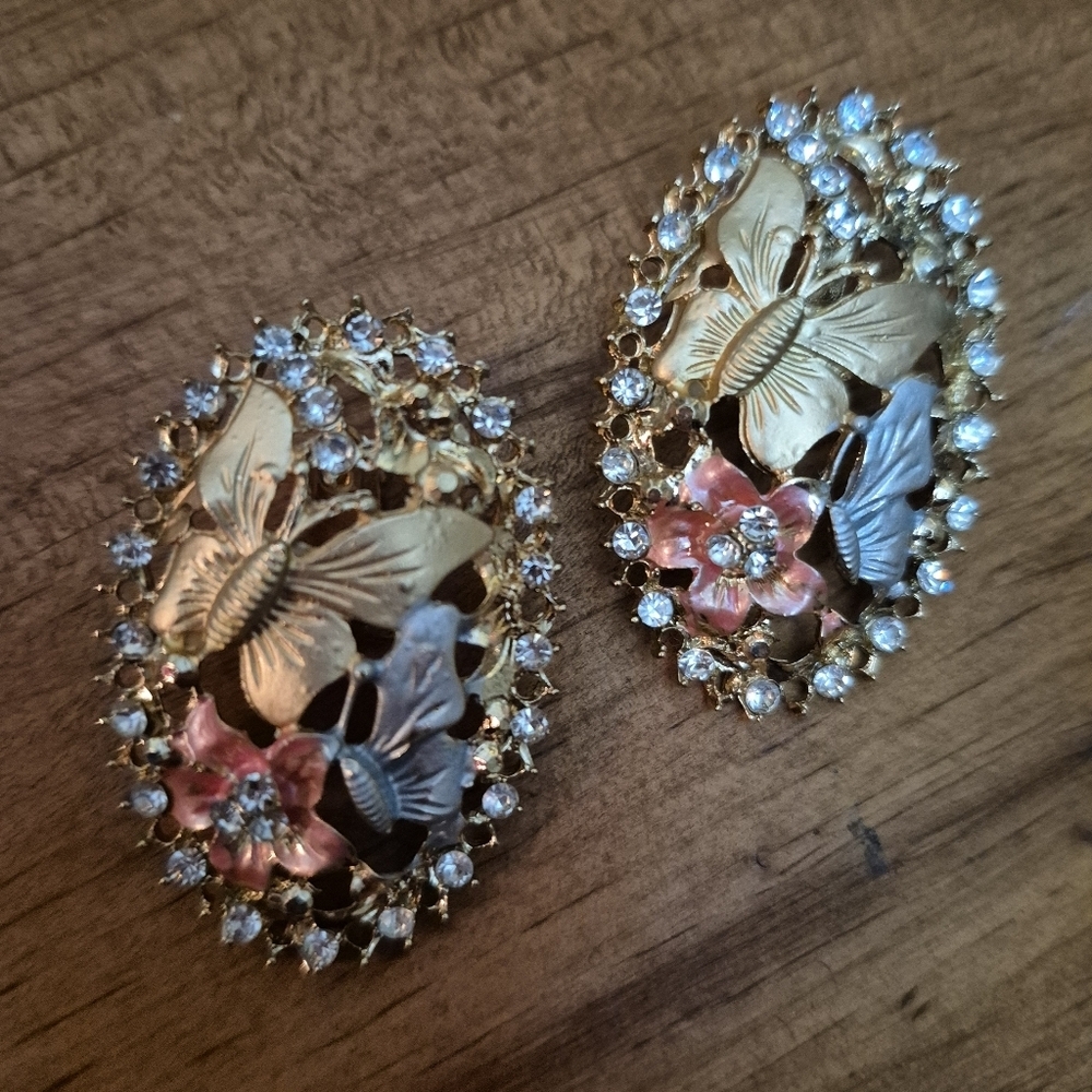 Butterfly Earrings Gold Pink Pierced Ears Ladies Large